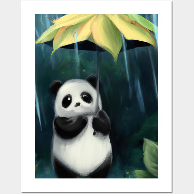 Panda with Leaf Umbrella Wall Art by maxcode